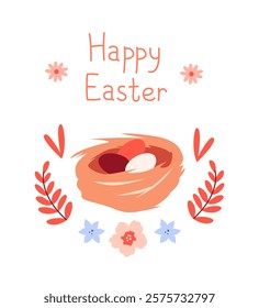 Greeting card, banner for Easter. Nest with painted eggs, plant elements