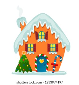 Greeting card or banner. Fantastic and cute Santa's house in the snow with a Christmas tree and caramel. Gingerbread house. flat vector illustration isolated on white background