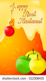 Greeting card or banner (flyer) for Jewish New Year holiday with happy Rosh Hashanah text. Vector illustration eps 10. Concept with symbols of Rosh Hashanah: green yellow red apples with honey.