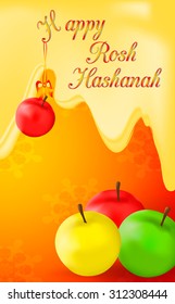 Greeting card or banner (flyer) for Jewish New Year holiday with happy Rosh Hashanah text. Vector illustration eps 10. Concept with symbols of Rosh Hashanah: green yellow red apples with honey.