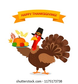 Greeting card or banner with the "Happy Thanksgiving" holiday. A funny turkey holds a dish with seasonal vegetables. flat vector illustration isolated on white background