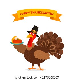 Greeting card or banner with the "Happy Thanksgiving" holiday. A funny turkey is eating a piece of a holiday cake. flat vector illustration isolated on white background