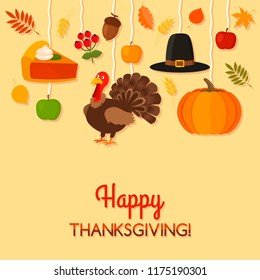 Greeting card or banner with the "Happy Thanksgiving" holiday. Funny turkey, hat, pumpkin, apples and falling leaves on a postcard. flat vector illustration isolated on white background