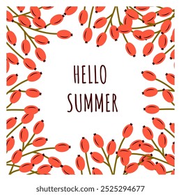 Greeting card , banner Hello summer with berries and branches. A frame of twigs and berries in a vector for postcards, banners, and posts on social networks.