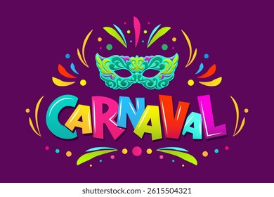 Greeting card banner for holiday carnival and venice festival party with colorful tinsel and mask. Vector illustration.