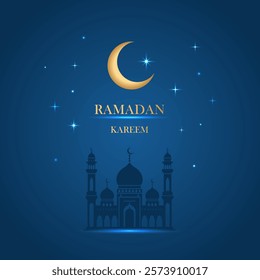 Greeting card or banner holy month of Ramadan. Muslim holiday crescent moon with lamps and mosque. vector illustration