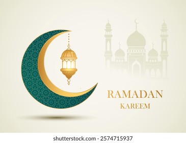 Greeting card or banner holy month of Ramadan. Muslim holiday crescent moon with lamps and mosque. vector illustration