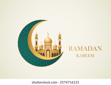 Greeting card or banner holy month of Ramadan. Muslim holiday crescent moon with lamps and mosque. vector illustration