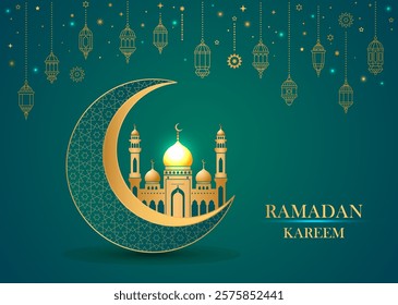 Greeting card or banner holy month of Ramadan. Muslim holiday crescent moon with lamps and mosque. vector illustration