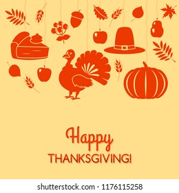 Greeting card or banner with the inscription "Happy Thanksgiving". A flat vector illustration isolated with the attributes of autumn and harvest.