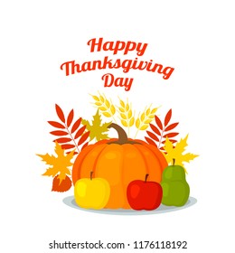 Greeting card or banner with the inscription "Happy Thanksgiving". Vector illustration isolated with autumn harvest.