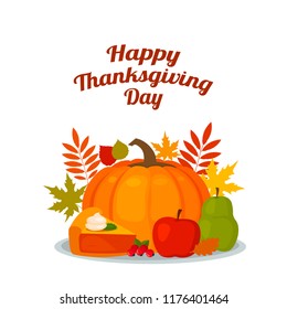 Greeting card or banner with the inscription "Happy Thanksgiving". Vector illustration isolated with autumn harvest