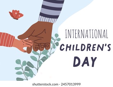 Greeting card, banner International Children's Day. The hand of an adult and of a child reaching out to each other, support, protection. The concept of care, support. Touching with love, trust.