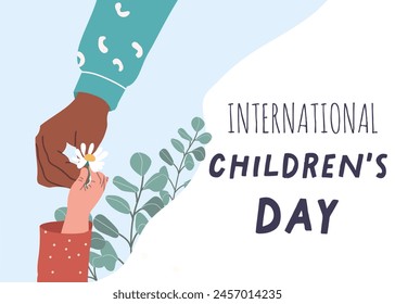 Tarjeta de felicitación, Día Internacional del Niño del Anuncio. La mano de un adulto y de un niño que se extiende el uno al otro, Asistencia, protección. El concepto de cuidado, Asistencia. Tocando con amor, confianza.