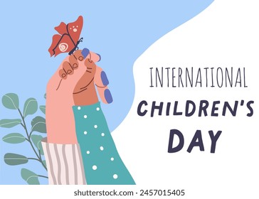 Greeting card, banner International Children's Day. The hand of an adult and of a child reaching out to each other, support, protection. The concept of care, support. Touching with love, trust.