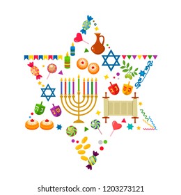 Greeting card or banner for the Jewish holiday of Hanukkah. Traditional symbols of the icon - dreidl, sweets, donuts, menorah, Star of David. Flat vector illustration isolated