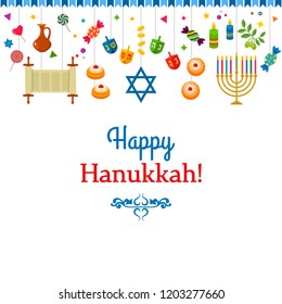 greeting card or banner for the Jewish holiday of Hanukkah. Traditional symbols of icons - dreidl, sweets, donuts, menorah, Star of David. Flat vector illustration isolated on white background.