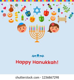 Greeting card or banner for the Jewish holiday of Hanukkah.The traditional symbols of the icon are the dridel, sweets, donuts, menorah, the Star of David and joyful children. Vector Illustration