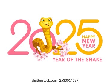 Greeting card, banner or logo design for Chinese New Year 2025 with Snake on blooming sakura branch, zodiac symbol of 2025 year, numbers and text isolated on white background. Vector illustration