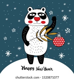 Greeting card or banner New year and Christmas. Cute kawaii panda with Christmas ball on eucalyptus in vector. Lettering happy New Year. Chinese new year. Symbol 2020. Doodle. Hand drawn 