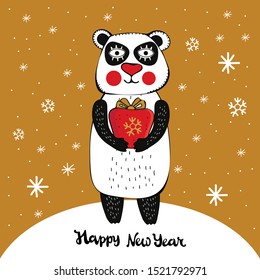 Greeting card or banner New year and Christmas. Cute kawaii panda with gift on gold background among snowflakes in vector. Lettering happy New Year. Chinese new year. Symbol 2020. Doodle. Hand drawn 