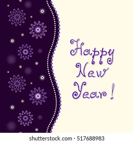 Greeting card or banner or packaging with painted letters. Inscription Happy New Year. Vertical seamless pattern with falling snowflakes on a contrasting background. Dark violet and beige colors