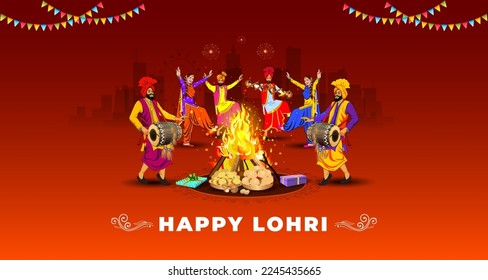 Greeting card, banner, poster design of Lohri festival. Indian sikh hindu holiday. Family dancing arround bonfire and celebrating Lohri  festival background.