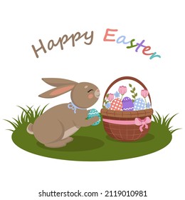 greeting card, banner, poster for Easter with an Easter bunny and a basket with flowers and Easter eggs