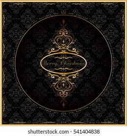 Greeting card, banner, poster on a black background. Merry Christmas luxury gold swirl. Season Greetings. Vector illustration.