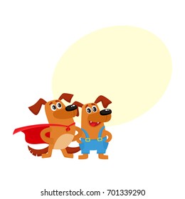 Greeting card, banner, poster template with two funny dog characters, hero and worker, cartoon vector illustration. Two funny dogs, in red cape and blue overalls, poster, banner, greeting card design