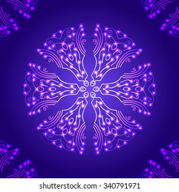 A greeting card or banner square design template, glowing round ornament on dark blue background, square vector illustration