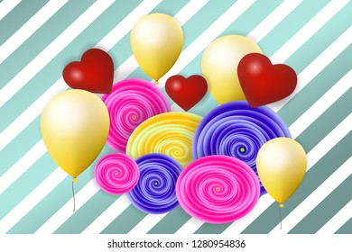 Greeting card or banner template. abstract flowers with balloons and hearts on striped background