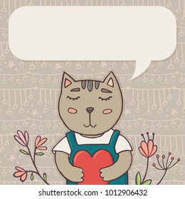 Greeting card, banner template with cute cat holding heart, doodle flowers and empty speech bubble for text, vector illustration. Valentine greeting card template with funny cat and place for text