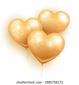 Greeting card banner for Valentine's Day and International Women's Day. Three gold balloons heart-shaped with gold glitter and sparkles. On white background. Vector.