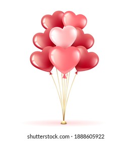 Greeting card banner for Valentine's Day and International Women's Day. Bundle of pink heart-shaped balloons. On a light background. Vector illustration.