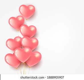 Greeting card banner for Valentine's Day and International Women's Day. Bundle of pink heart-shaped balloons. On a light background. Vector illustration.