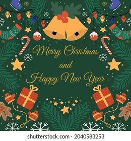 Greeting card or banner with winter accessories such as gifts, mittens, skates and sledges on a green background. Vector flat illustration in vintage style. Merry Christmas and Happy New Year.