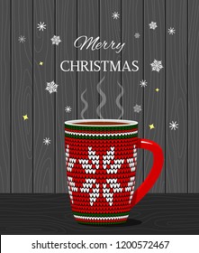 Greeting card or banner with the words "Merry Christmas!" Knitted cup with a Scandinavian pattern and hot chocolate and marshmallows. flat vector illustration isolated on white background