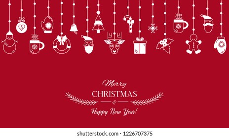 Greeting card or banner with the words "We wish you a Merry Christmas and Happy New Year." Abstract Christmas banner with symbols of Christmas. Santa, tree, deer, gift. flat vector in linear style