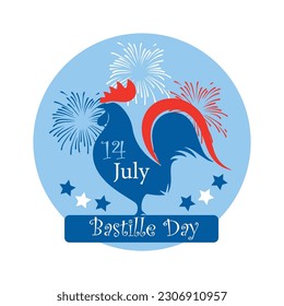 Greeting card for Bastille Day and rooster   fireworks