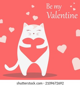 Greeting card Be my Valentine, with the image of a cat in love and hearts. Red and white colors. Vector illustration.