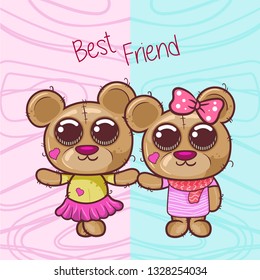 greeting card with bear boy and girl cartoon - Vector