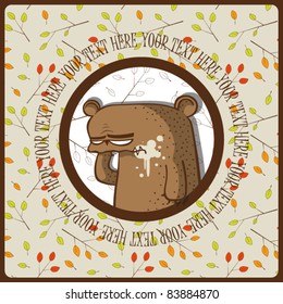 Greeting card with bear and branches. Place for your text. Vector illustration.