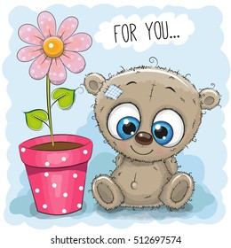 Greeting card Bear with flower on a blue background