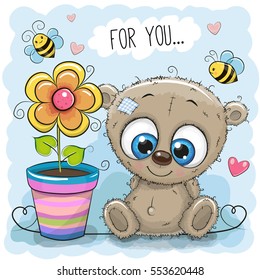 Greeting card Bear with flower on a blue background
