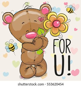 Greeting card Bear and flower heart background