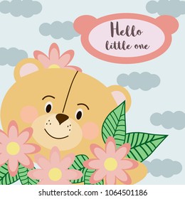 Greeting card Bear with flower. Vector illustration.