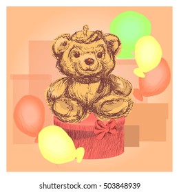 greeting card with bear and gift boxes