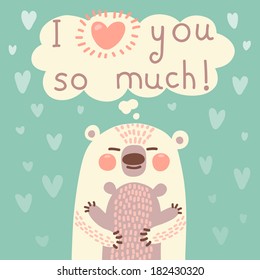 Greeting card for the bear mother and cub cute hug. Vector illustration.