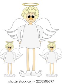 Greeting card with beautiful cartoon angel on long legs with halo. Christmas concept. Template for the cover of the bible.